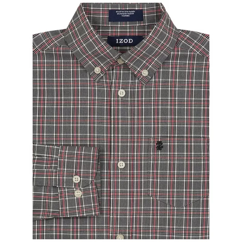 Izod Boys Gray Plaid Long Sleeve Cotton Stretch Button Down Shirt Size 8